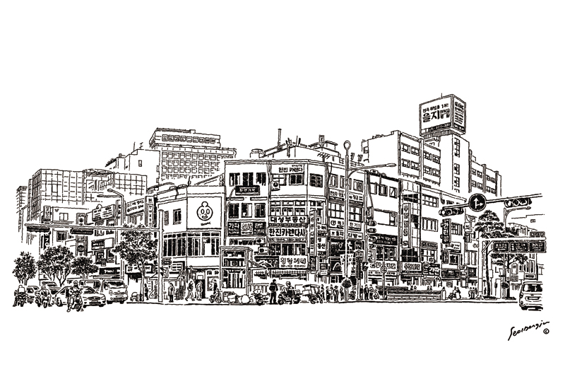 Euljiro 3-ga Intersection. Seol Dong-ju. 2019. Pen on paper